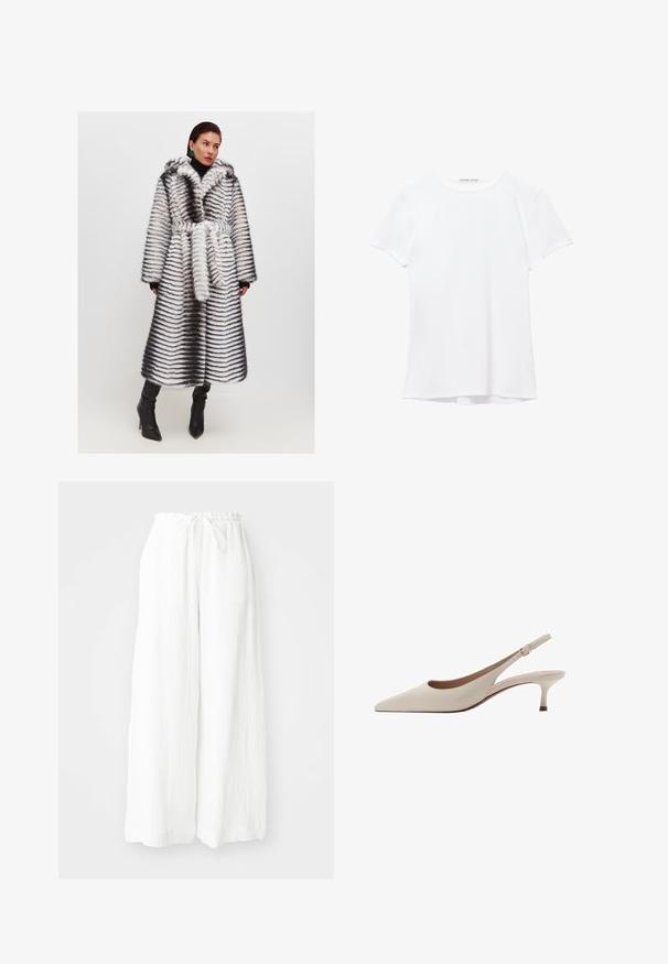 Kapa od umjetnog krzna s kapuljačom, s crno-bijelim prugama. Široki rukavi, pojas na struku i srednja duljina. Nositi preko rolke.; Bijela majica kratkih rukava izrađena od glatkog materijala, s okruglim izrezom i suptilnim detaljima šivanja na rubu.; Bijele široke hlače od teksturiranog materijala, s elastičnom strukom i vezicom. Ležeran dizajn s opuštenim krojem.; Bež sandale s potpeticom, s uskim vrhom i niskom, proširenom potpeticom. Izrađene od glatke kože s minimalističkim dizajnom i podesivim remenom.