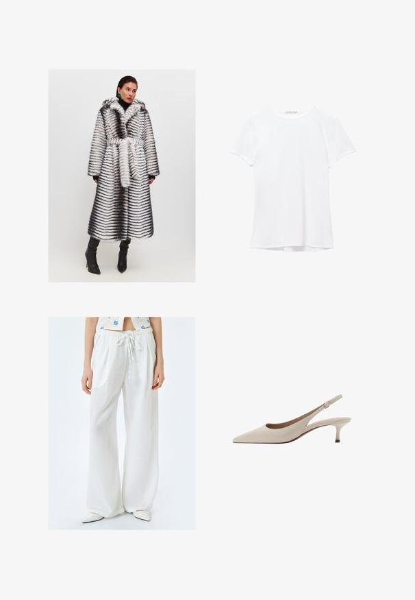 Faux pelsjakke med hætte, prydet med sort-hvide striber. Bredde ærmer, bælte i taljen og mellemlang design. Båret over en rullekrave.; Hvid kortærmet t-shirt lavet af glat stof, med rund halsudskæring og diskrete syninger ved kanten.; Hvide linned bukser med vidde og drawstring talje, der har en blød tekstur og afslappet pasform. Sammen med spidse hvide sko.; Beige slingback-hæle med spids tå og en lav, flared hæl. Fremstillet af glat læder med et minimalistisk design og justerbar rem.