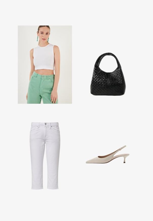 Faux fur coat with a hood, featuring black and white stripes. Wide sleeves, belted waist, and mid-length design. Worn over a turtleneck.; White cropped sleeveless top made of cotton, paired with high-waisted mint green jeans. The outfit features a simple design and smooth texture.; White denim cropped pants with a straight cut, featuring front pockets, a silver button closure, and subtle stitching details.; Beige slingback heels with a pointed toe and a low, flared heel. Made from smooth leather with a minimalistic design and adjustable strap.; DrachenLeder Handbag - schwarz