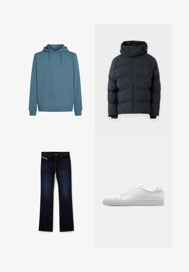 Melna pūkainā jaka ar augstu apkakli, priekšējām rāvējslēdzēja aizvēršanām, rāvējslēdzēja sānu kabatām un regulējamu kapuci ar saites vītnēm, attēlota uz vienkārša fona.; Hoodijaka no mīksta, teksturēta zila auduma. Iespējas ar auklītēm, priekšējās kabatas laukumu un mazu logotipu uz krūtīm.; Tumši zili džinsi ar taisnu kāju griezumu, ar oranžiem diegiem, ar rāvējslēdzēja aizdari un priekšējām kabatām. Gluda auduma tekstūra un standarta jostasvieta.; Baltie sporta apavi ar gludu ādas virsu un zemu profilu. Iezīmējas ar noapaļotu purngalu, sešām acīm un teksturētu gumijas zoli.