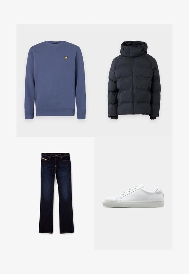 Chaqueta acolchada negra con cuello alto, cremallera frontal, bolsillos laterales con cremallera y capucha ajustable con cordones, presentada sobre un fondo liso.; Sudadera azul con cuello redondo, mangas largas, puños acanalados y un pequeño logo amarillo en el lado izquierdo del pecho. Material de algodón suave.; Jeans de mezclilla de color azul oscuro con corte recto, con costuras naranjas, cremallera en la bragueta y bolsillos delanteros. Textura suave y cinturilla estándar.; Zapatilla blanca con parte superior de cuero liso y perfil bajo. Presenta una puntera redondeada, seis ojales y una suela de goma texturizada.