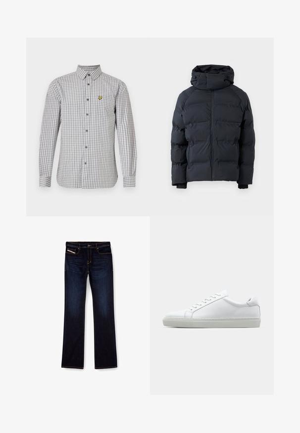 Černá péřová bunda s vysokým límcem, předním zipem, bočními kapsami na zip a nastavitelnou kapucí se šňůrkami, vystavená na jednobarevném pozadí.; Dlouhý rukáv košile s knoflíky v kostkovaném vzoru, šedá a bílá. Na levé hrudi se nachází žluté logo, má klasický límec a manžety.; Tmavě modré džíny z denimu se střihem rovného nohavice, s oranžovým prošíváním, zipem na přední straně a předními kapsami. Hladká textury a standardní pas.; Bílé tenisky s hladkým koženým svrškem a nízkým profilem. Mají zaoblenou špičku, šest nýtů a texturovanou gumovou podrážku.