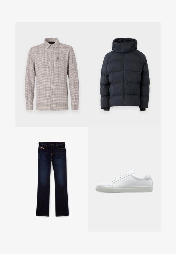 Mustmust värvi puhvjakker kõrge kraega, ees tõmblukk, tõmblukuga küljetaskud ja reguleeritav kapuuts paelaga, esitatud ühetoonilisel taustal.; Ruuduline särk beež ja pruun, millel on pikad varrukad, krae ning väike broderiidiga logo rinnataskul.; Tumed sinine denimist teksapüksid sirge lõikega, millel on oranž õmblus, lukuga ees ja eesmine tasku. Sile tekstuur ja tavaline vöökoht.; Valge tennisetoss, millel on sile nahk pealis ja madal profiil. Omab ümarat ninaosa, kuut silmust ja tekstuuriga kummist talda.