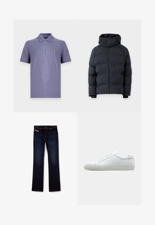 Černá péřová bunda s vysokým límcem, předním zipem, bočními kapsami na zip a nastavitelnou kapucí se šňůrkami, vystavená na jednobarevném pozadí.; Fialové polo tričko s třemi knoflíky na průstřihu, krátkými rukávy a malým žlutým logem ptáčka na levé straně hrudi. Bavlněná směs látky.; Tmavě modré džíny z denimu se střihem rovného nohavice, s oranžovým prošíváním, zipem na přední straně a předními kapsami. Hladká textury a standardní pas.; Bílé tenisky s hladkým koženým svrškem a nízkým profilem. Mají zaoblenou špičku, šest nýtů a texturovanou gumovou podrážku.