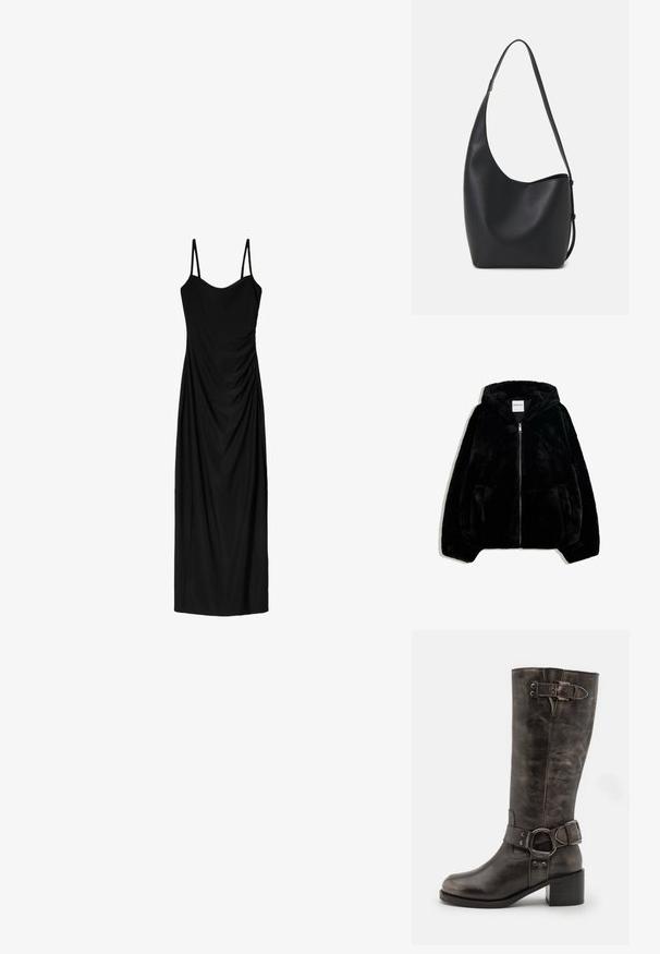 Czarna kurtka z futerka syntetycznego z zapięciem na zamek z przodu, kapturem i kieszeniami bocznymi. Charakteryzuje się gładką teksturą i luźnym krojem, co zapewnia komfort.; Czarna midi sukienka z cienkimi regulowanymi ramiączkami, z drapowaną formą i gładką teksturą. Brak widocznych wzorów lub ozdób.; Czarne skórzane kozaki sięgające do kolan z masywnym obcasem, ozdobione klamrą i paskiem w okolicy kostki oraz teksturowanym wykończeniem.; Czarna skórzana torba hobo o gładkiej fakturze, zaokrąglonym kształcie i pojedynczym, regulowanym pasku; posiada szerokie otwarcie na górze.