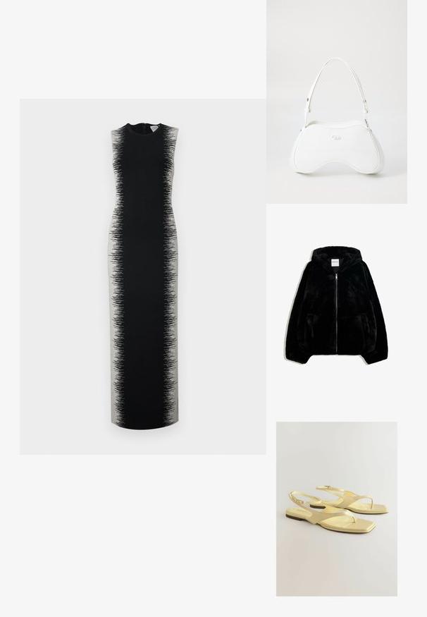 Zwarte nepbontjas met een ritssluiting aan de voorkant, capuchon en zijzakken. Beschikt over een gladde textuur en een losvallende pasvorm voor comfort.; Zwart mouwloos jurkje met een lange, gestroomlijnde silhouet, voorzien van een grijs verlooppatroon dat overgaat van effen naar textuur.; Geel platte sandalen met een gestructureerde faux leather bovenkant, een teenpostontwerp en een enkelband met een kleine gesp. Vierkante teenvorm, minimalistische stijl.; Witte handtas met een glad, glanzend oppervlak, gebogen vorm en een enkele verstelbare schouderriem. Heeft een logo dat aan de voorkant is geperst.
