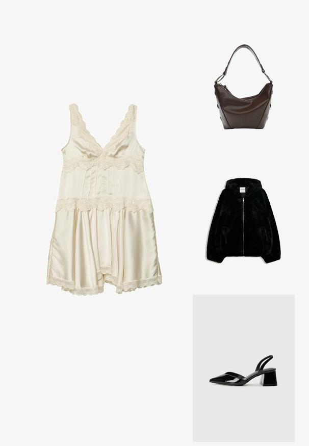 Schwarze Kunstfelljacke mit Reißverschluss vorne, Kapuze und Seitentaschen. Sie verfügt über eine glatte Textur und eine lockere Passform für zusätzlichen Komfort.; Cremfarbene Satin-Nachtwäsche mit Spitzenbesatz, V-Ausschnitt, verstellbaren Trägern, gerafftem Oberteil und schwingendem Rock mit gewelltem Saum.; Schwarze Lackleder-Slingback-High Heels mit spitzem Schuh und einem geometrischen Blockabsatz. Verfügt über ein schlankes, minimalistisches Design und eine glatte Textur.; Dunkelbraune Lederhandtasche mit geschwungener Form, Reißverschlussverschluss und kurzem Griff. Sie verfügt über Metallbeschläge und dekorative schwarze Knöpfe an der Seite.