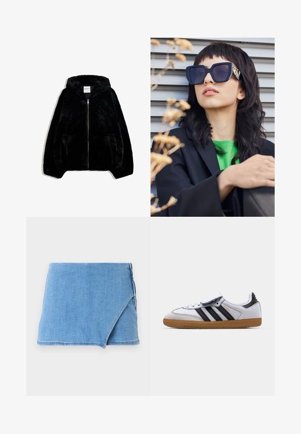 Crna lažna krzna jakna s patentnim zatvaračem sprijeda, kapuljačom i bočnim džepovima. Ima glatku teksturu i opušten fit za udobnost.; Prugasta dukserica u crnoj i sivoj boji, s dizajnom bez naramenica i istaknutim bijelim printom "92" na prednjoj strani. Mekana tekstura, rukavi s manžetama.; Denim mini suknja u svijetloplavoj boji, s dizajnom zamotavanja, razderanim rubom i glatkom teksturom. Nema dodatnih ukrasa ili uzoraka.; Bijele kožne tenisice s crnim prugama i sivim detaljima, s okruglim vrhom i gumiranim potplatom. S čičak trakom i vezanjem.; Prevelike crne sunčane naočale s debelim okvirom i zlatnim detaljima, nosene uz crni sako i svijetlu zelenu košulju, na horizontalnoj pozadini.