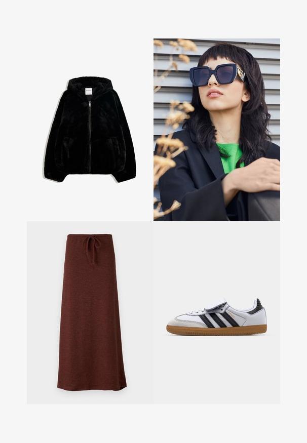 Črna jakna iz umetnega krzna z zadrgo spredaj, kapuco in stranskimi žepi. Ima gladko teksturo in sproščen kroj za udobje.; Črtasta pulover v črni in sivi barvi, z obliko brez naramnic in izrazitim belim tiskom "92" na sprednji strani. Mehka tekstura, manšete na rokavih.; Rjava, dolga, pletena krila z vrvico v pasu. Gladka tekstura, rahlo razširjen kroj in enotna barva brez vzorcev ali dodatkov.; Beli usnjeni športni copati z bližnjicami v črni barvi in s sivo obrobo, z okroglo konico in gumo iz gumijastega materiala. Zapiranje na ježka in vezalke.; Prevelike črne sončne očala z debelim okvirjem in zlatim poudarkom, nošene s črno jakno in svetlo zeleno srajco, na horizontalni ozadju.; Burgundska usnjena hobo torba s ukrivljenim ročajem in mehko, teksturirano telo. Ima zadrgo in minimalne šive.