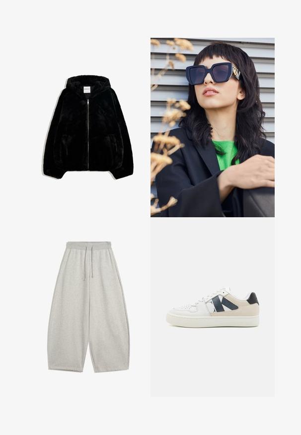Crna lažna krzna jakna s patentnim zatvaračem sprijeda, kapuljačom i bočnim džepovima. Ima glatku teksturu i opušten fit za udobnost.; Prugasta dukserica u crnoj i sivoj boji, s dizajnom bez naramenica i istaknutim bijelim printom "92" na prednjoj strani. Mekana tekstura, rukavi s manžetama.; Svijetlosive široke trenirke s elastičnim pojasom i vezicom, s bočnim džepovima i ugodnim krojem.; Bijele tenisice s tamnoplavim i bež naglascima. Glatka koža s perforacijama na prstima, s istaknutim logotipom sa strane. Gumeni potplat.; Prevelike crne sunčane naočale s debelim okvirom i zlatnim detaljima, nosene uz crni sako i svijetlu zelenu košulju, na horizontalnoj pozadini.