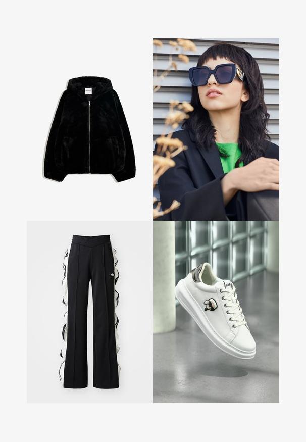 Crna lažna krzna jakna s patentnim zatvaračem sprijeda, kapuljačom i bočnim džepovima. Ima glatku teksturu i opušten fit za udobnost.; Prugasta dukserica u crnoj i sivoj boji, s dizajnom bez naramenica i istaknutim bijelim printom "92" na prednjoj strani. Mekana tekstura, rukavi s manžetama.; Crne sportske hlače s teksturiranim pojasom, s bijelim bočnim panelima i nabranim detaljima, te izvezenim logotipom sprijeda.; Bijela sneakersica Karl Lagerfeld s vezanjem sprijeda, crnim i bež logom na zakrpi, i metalik srebrnim tabom na peti, lebdi iznad sive podloge.; Prevelike crne sunčane naočale s debelim okvirom i zlatnim detaljima, nosene uz crni sako i svijetlu zelenu košulju, na horizontalnoj pozadini.