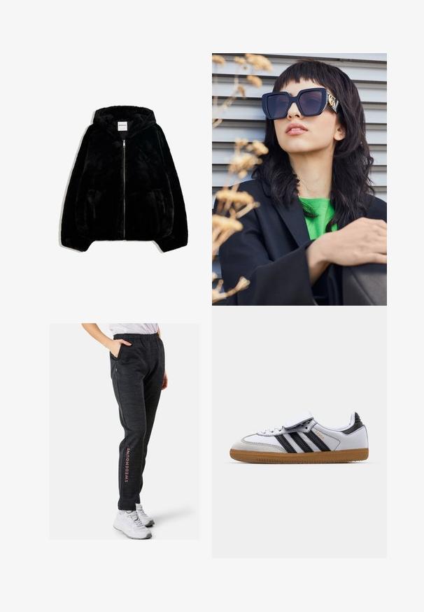 Schwarze Kunstfelljacke mit Reißverschluss vorne, Kapuze und Seitentaschen. Sie verfügt über eine glatte Textur und eine lockere Passform für zusätzlichen Komfort.; Gestreifte Sweatshirt in Schwarz und Grau mit einem schulterfreien Design und einem auffälligen weißen "92"-Druck auf der Vorderseite. Weicher Stoff, mit Bündchen an den Ärmeln.; Schwarze, strukturierte Sweatpants mit lockerer Passform und elastischem Bund. Mit einem pinken Logo an der Seite und seitlichen Taschen.; Weiße Ledersneaker mit schwarzen Streifen und grauen Akzenten, ausgestattet mit einer runden Zehenpartie und einer Laufsohle aus Gummi. Mit Klettverschluss und Schnürung.; Übergroße schwarze Sonnenbrille mit dickem Rahmen und goldenen Akzenten, getragen mit einem schwarzen Blazer und einem leuchtend grünen Hemd, vor einem horizontalen Hintergrund.