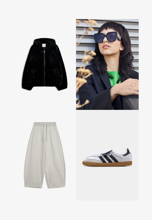 Jachetă din blană artificială neagră, cu fermoar frontal, glugă și buzunare laterale. Prezintă o textură netedă și o croială lejeră pentru confort.; Hanorac cu dungi în negru și gri, având un design off-the-shoulder și un imprimeu prominent alb "92" pe față. Textură moale, cu mâneci mansetă.; Pantaloni de trening largi, de culoare gri deschis, cu talie elastică și șnur, având buzunare laterale și o croială relaxată.; Adidași din piele albă cu dungi negre și accente gri, având vârful rotund și talpa din cauciuc natural. Curea cu Velcro și închidere cu șiret.; Ochelari de soare supra-dimensionați, de culoare neagră, cu un cadru gros și accente aurii, purtați cu un sacou negru și o cămașă verde aprins, pe un fundal orizontal.