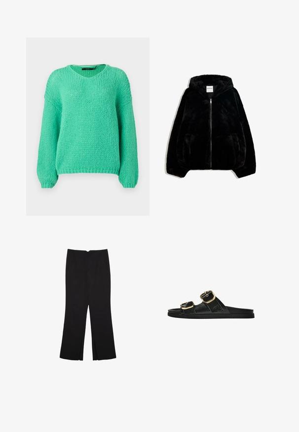 Črna jakna iz umetnega krzna z zadrgo spredaj, kapuco in stranskimi žepi. Ima gladko teksturo in sproščen kroj za udobje.; Svetlozeleni, debeli pleteni pulover z V-izrezom, dolgimi rokavi in mehkimi teksturami. Ima sproščen kroj in rebraste manšete.; Črne hlače ravnega kroja z naglavnimi žepi in stranskimi razporki na robu. Narejene iz mehke, gladke tkanine. Primerne za različne priložnosti.; Črne drsne sandale z dvema zlatima zaponkama, gladkega materiala, ravnim podplatom in minimalističnim dizajnom.