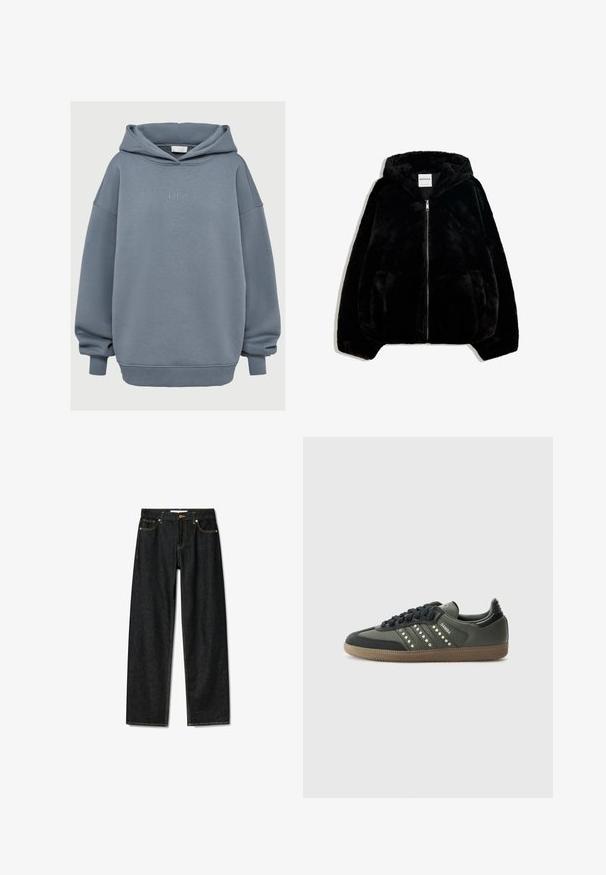 Fekete műszőrme dzseki cipzárral elöl, kapucnival és oldalsó zsebekkel. Simább textúrával és laza fitneszsel rendelkezik a kényelem érdekében.; Laza fitű, poros kék kapucnis pulóver bordázott mandzsettákkal és hemével, elülső kenguruzsebből, valamint kis "LeGer" hímzett szöveggel a mellkason.; Sötét farmernadrág egyenes szabással, réz gombos záródással és kontrasztos sárga varrással. Öt zsebbel és klasszikus fazonnal rendelkezik.; adidas Originals SAMBA OG - Sportcipő - core black/legend earth/gum