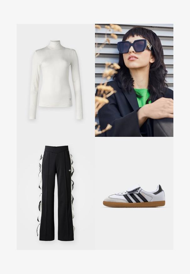 Giacca in pelliccia sintetica nera con zip frontale, cappuccio e tasche laterali. Presenta una superficie liscia e una vestibilità comoda e rilassata.; Maglione a collo alto bianco a maniche lunghe realizzato in un tessuto morbido con una superficie liscia. Presenta un sottile logo accentato sul lato inferiore.; Pantaloni sportivi neri con una cintura testurizzata, caratterizzati da pannelli laterali bianchi e dettagli arruffati, e un logo ricamato sul davanti.; Sneaker bianco in pelle con strisce nere e accenti grigi, dotato di punta rotonda e suola in gomma naturale. Chiusura con velcro e lacci.; Occhiali da sole neri oversize con una montatura spessa e dettagli dorati, indossati con un blazer nero e una camicia verde brillante, su uno sfondo orizzontale.