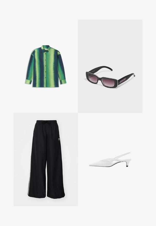 Čierna umelá kožušina s predným zipsom, kapucňou a bočnými vreckami. Má hladkú textúru a voľný strih pre pohodlie.; Košeľa s dlhým rukávom na gombíky s gradientným vzorom tmavozelenej a živej zelenej farby, s hladkou textúrou a špicatým golierom.; Čierne široké nohavice vyrobené z ľahkého materiálu. Majú elastický pás s šnúrkou a biele bočné pruhy. Logo značky na boku.; Biele slingback podpätky s špicatou špičkou, s hladkým zvrškom, jemnými výrezmi a nízkym blokovým podpätkom. Čierna podrážka zvýrazňuje dizajn.; Slnečné okuliare s čiernym károvaným vzorom, štvorcovými rámami, gradientne tónovanými sklami a fialovým logom na jednom ramene.; Biela kabelka s hladkým, lesklým povrchom, zakriveným tvarom a jedným nastaviteľným popruhom. Na prednej strane je vyrazené logo.
