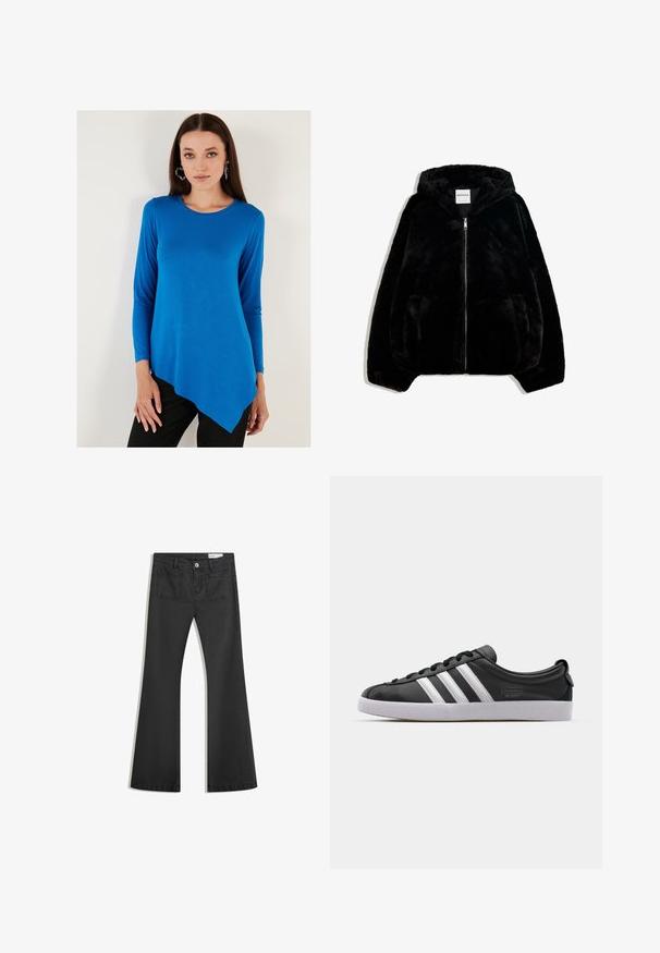 Svart fuskpälsjacka med dragkedja fram, huva och sidofickor. Har en slät yta och en avslappnad passform för komfort.; Långärmad topp i klarblått, med rund halsringning och asymmetrisk nederkant. Materialet är mjukt och något figurnära.; Svarta utsvängda jeans i denim med en jämn textur, med två bakfickor och knäppning vid midjan.; Svarta lädersneakers med vit tre-stripesdesign, rund tå, platt vit gummisula och varumärkesdetalj på sidan.