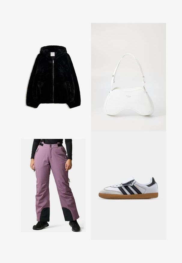 Black faux fur jacket with a zip front, hood, and side pockets. Features a smooth texture and relaxed fit for comfort.; Black cold-shoulder long-sleeve top with a white halter neck strap tied at the back, laid flat on a white background.; Purple ski pants featuring adjustable straps, front buttons, zippered pockets, and black accents at the cuffs. Designed for winter activities.; White leather sneaker with black stripes and grey accents, featuring a rounded toe and gum rubber outsole. Velcro strap and lace closure.; White handbag with a smooth, glossy surface, curved shape, and a single adjustable strap. Features a logo embossed on the front.