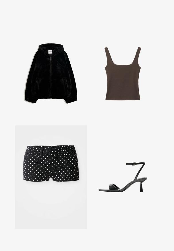 Črna jakna iz umetnega krzna z zadrgo spredaj, kapuco in stranskimi žepi. Ima gladko teksturo in sproščen kroj za udobje.; Rjava brezrokavna majica s kvadratnim izrezom, narejena iz mehkega, elastičnega materiala. Ima oprijet kroj in ravne šive.; Črne hlače s belimi pikami, ki vključujejo zanke za pas in oprijet pas. Na preprosti beli podlagi.; Bershka Sandali z visoko peto - black