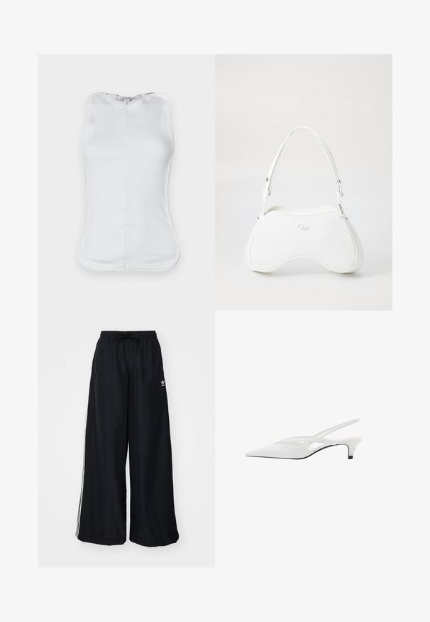 Čierna umelá kožušina s predným zipsom, kapucňou a bočnými vreckami. Má hladkú textúru a voľný strih pre pohodlie.; Biely bezrukávový top vyrobený z rebrovanej bavlny, s priliehavým strihom, zaobleným výstrihom a viditeľným švom po stranách.; Čierne široké nohavice vyrobené z ľahkého materiálu. Majú elastický pás s šnúrkou a biele bočné pruhy. Logo značky na boku.; Biele slingback podpätky s špicatou špičkou, s hladkým zvrškom, jemnými výrezmi a nízkym blokovým podpätkom. Čierna podrážka zvýrazňuje dizajn.; Biela kabelka s hladkým, lesklým povrchom, zakriveným tvarom a jedným nastaviteľným popruhom. Na prednej strane je vyrazené logo.
