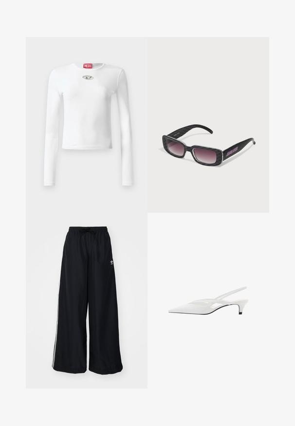 Czarna kurtka z futerka syntetycznego z zapięciem na zamek z przodu, kapturem i kieszeniami bocznymi. Charakteryzuje się gładką teksturą i luźnym krojem, co zapewnia komfort.; Biała, długosleeve'owa koszulka z gładkiego materiału, z okrągłym dekoltem i srebrnym logo na centrum klatki piersiowej.; Czarne spodnie typu wide-leg wykonane z lekkiego materiału. Posiadają elastyczny pas z troczkiem i białe paski po bokach. Logo marki na biodrze.; Biała szpilka na odkrytej pięcie z ostrym noskiem, charakteryzująca się gładką cholewką, subtelnymi wycięciami i niskim obcasem w kształcie bloku. Czarna podeszwa podkreśla design.; Okulary przeciwsłoneczne z czarno-skalowanym wzorem, kwadratowymi oprawkami, gradientowymi soczewkami oraz fioletowym logo na jednym z ramion.; Biała torebka z gładką, błyszczącą powierzchnią, zakrzywionym kształtem i jednym regulowanym paskiem. Posiada wytłoczone logo z przodu.
