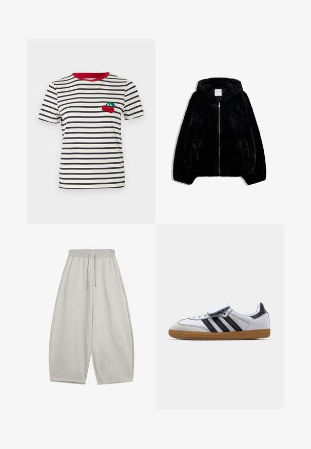 Čierna umelá kožušina s predným zipsom, kapucňou a bočnými vreckami. Má hladkú textúru a voľný strih pre pohodlie.; Prúžkované tričko v krémovej a námorníckej modrej farbe so červeným golierom. Zdobené vyšitým dizajnom čerešne na ľavej strane hrude. Krátke rukávy.; Svetl grey široké tepláky s elastickým pásom a šnúrkou, s bočnými vreckami a uvoľneným strihom.; Biele kožené tenisky s čiernymi pruhmi a šedými akcentmi, s okrúhlou špičkou a gumovou podrážkou. Zapínanie na suchý zips a šnúrky.