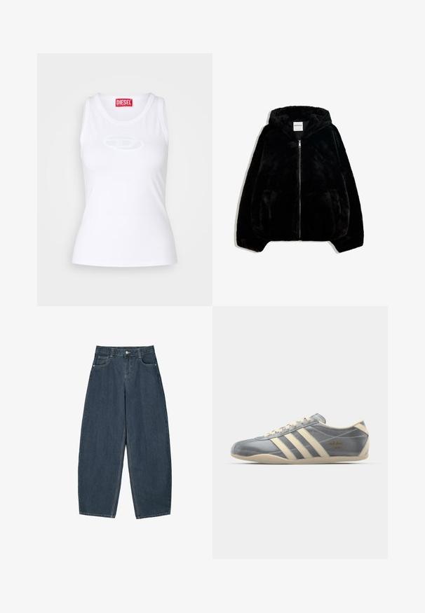 Zwarte nepbontjas met een ritssluiting aan de voorkant, capuchon en zijzakken. Beschikt over een gladde textuur en een losvallende pasvorm voor comfort.; Witte tanktop van zachte stof met een ronde halslijn, een getailleerde pasvorm en een reliëf Diesel-logo in het midden.; Donkerblauwe denim wijde broek met hoge taille, voorzien van vijf zakken en zichtbare stikseldetails. Schoon, minimaal ontwerp.; Grijze satijnen sportschoen met beige leren accenten, drie strepen en gouden "adidas Tokyo" logo. Laag profiel ontwerp met een gestructureerde rubberen zool.