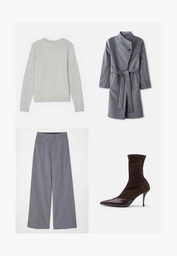 Pitkä harmaa villakangastakki, jossa on korkea kaulus, yksi musta nappi suljenta kaulan läheisyydessä, kaksi sivutaskua ja yhteensopiva vyö solmittuna vyötärölle.; Vaaleanharmaa neulepusero, jossa on joustinneuloksesta valmistettu pyöreä pääntie ja joustinneulos hihansuissa. Klassinen malli ja pehmeä rakenne, ei näkyviä kuvioita tai suunnitteluja.; MM6 Maison Margiela PANTS - Housut - grey melange; Ruskea mokkanahkainen nilkkuri, jossa on terävä kärki ja kiiltävä burgundin punainen patenttinahkainen kärki. Kengässä on myös kapea stiletto-korko ja tekstuuri päällä.