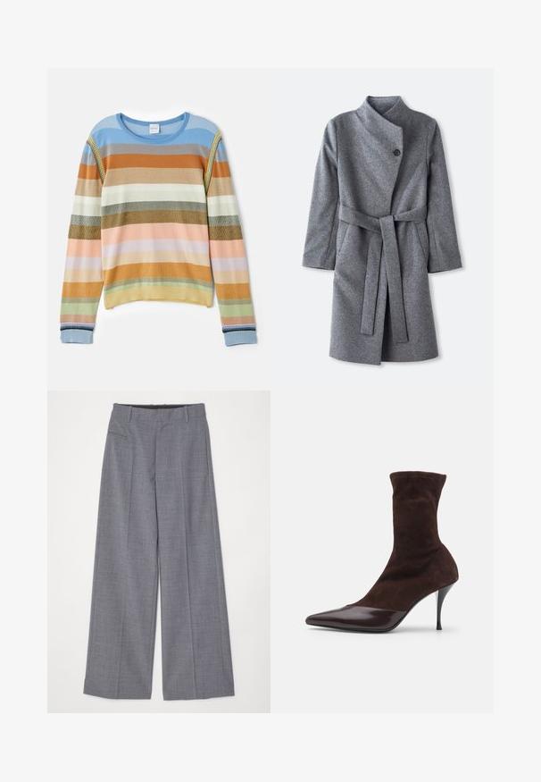 Long grey wool coat with high collar, single black button closure near neck, two side pockets, and matching belt tied at waist.; Striped knit sweater in blue, orange, green, and pastel shades. Features ribbed texture, round neckline, and decorative accents on sleeves.; MM6 Maison Margiela PANTS - Trousers - grey melange; Brown suede ankle boot with pointed toe and glossy burgundy patent leather toe cap, featuring a slim stiletto heel and textured upper.