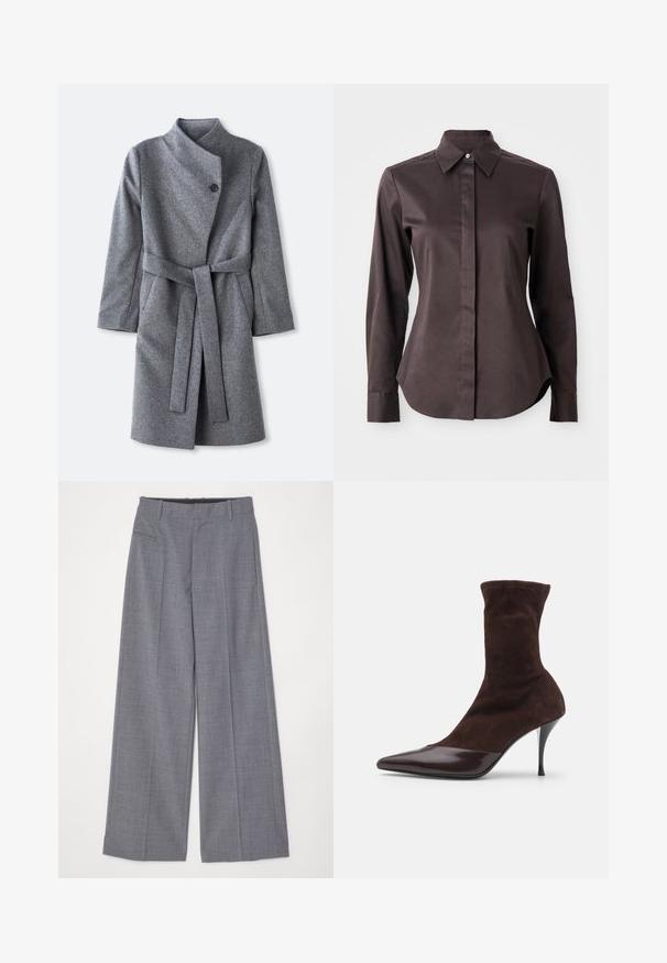 Pikk hall villane mantel kõrge krae ja ühe musta nupuga kaela lähedal, kahe küljetaskuga ja sobiva vöödiga, mis on kinni seotud vööst.; Tumepruun pikki varrukatega nööpidega särk terava krae ja varjatud nööpide ridadega valgel taustal.; MM6 Maison Margiela PANTS - Püksid - grey melange; Kohvpruun nahast pahkluu saabas, millel on terav nina ja läikiv burgundia punane laki ninaosa, koos peene stiletto kontsaga ja tekstuurse ülemise osaga.