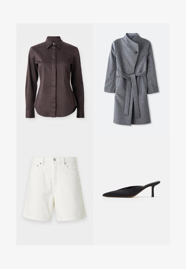 Lang grijs wollen jasje met hoge kraag, enkele zwarte knoopsluiting bij de hals, twee zijzakken en een bijpassende riem die om de taille is geknoopt.; Donkerbruin langemouw overhemd met knoopsluiting en puntige kraag op een witte achtergrond.; Witte denim shorts met een rechte snit, vijf zakken, voorste knoopsluiting, zilveren hardware en gestikte details.; Zwarte muiltje met spitse neus en een strak ontwerp, gemaakt van gladde stof, met een slanke hak en open achterkant voor gemakkelijk aan- en uittrekken.