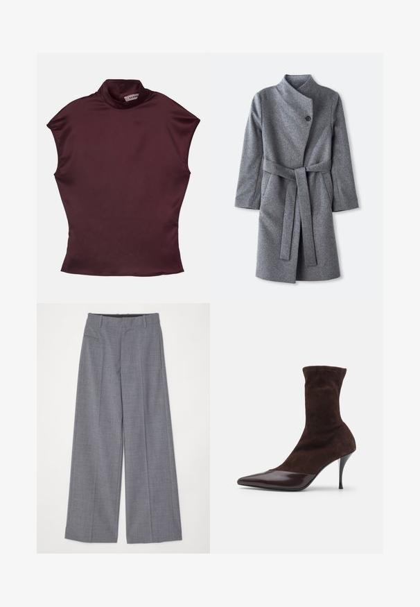 Długi szary wełniany płaszcz z wysokim kołnierzem, pojedynczym czarnym zapięciem na guzik przy szyi, dwiema bocznymi kieszeniami oraz pasującym paskiem związanym w talii.; Burgundowa bluzka z krótkim rękawem i stójką o gładkiej satynowej fakturze, charakteryzująca się dopasowanym krojem i minimalistycznymi szwami.; MM6 Maison Margiela - Spodnie materiałowe; Brązowy zamszowy botek na kostkę z ostrym noskiem i błyszczącą burgundową skórzaną czubką, z wąskim obcasem w szpilce i fakturowaną cholewką.