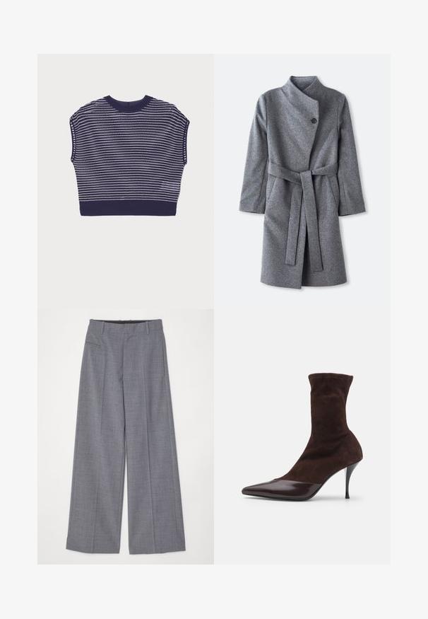 Long grey wool coat with high collar, single black button closure near neck, two side pockets, and matching belt tied at waist.; Navy blue cropped sweater with short sleeves, featuring a horizontal striped pattern in white. Soft knit texture and ribbed collar and hem.; Dark brown long-sleeve button-up shirt with pointed collar and concealed placket on a white background.; MM6 Maison Margiela PANTS - Trousers - grey melange; Brown suede ankle boot with pointed toe and glossy burgundy patent leather toe cap, featuring a slim stiletto heel and textured upper.