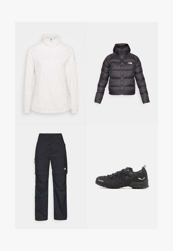 Černá péřová bunda s předním zipem a kapucí. Vybavená prošívanou texturou, elastickými manžetami a logem na levé části hrudi. Lehká izolace.; Bílé fleecové pulovr s vysokým límcem a půlzipem, který má raglánové rukávy a hladkou texturu. Jednoduchý a funkční design.; Černé nylonové cargo kalhoty na zip s nastavitelnými manžetami, několika kapsami a logem na pravé noze. Hladká, lehká textura.; Černé turistické boty s texturovaným tkaninovým svrškem, šněrovacím systémem a robustní gumovou podrážkou. Ozdobené reflexními detaily a logy.