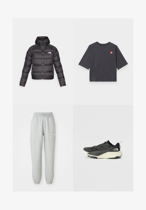 Zwarte pufferjack met een rits aan de voorkant en een capuchon. Heeft een gewatteerde textuur, elastische manchetten en een logo op de linkerkant van de borst. Lichtgewicht isolatie.; Korte mouwen, donkergrijs T-shirt gemaakt van katoen. Heeft een vierkant rood logopatch op de linkerkant van de borst. Normale pasvorm met een ronde hals.; Grijze sweatpants met een elastische tailleband en trekkoord. De stof is zacht, met elastische boorden bij de enkels en een logodetail.; Zwarte sportieve schoen met een gestructureerde bovenkant, voorzien van grijze accenten en een witte tussenzool. Inclusief een trekhaak en een opvallend merklogo op de hiel.