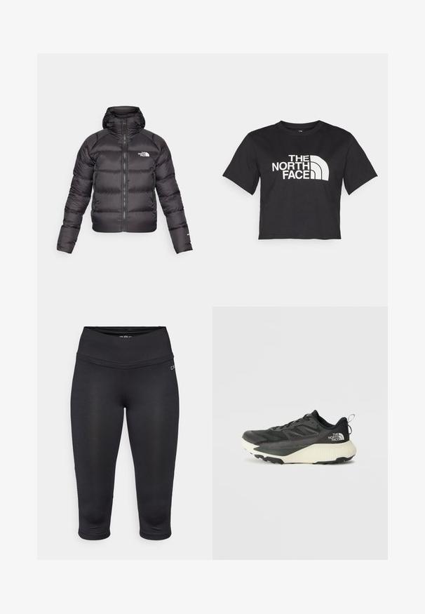 Μαύρο μπουφάν πούφ με μπροστινό φερμουάρ και κουκούλα. Διαθέτει ραφές με επένδυση, ελαστικές μανσέτες και λογότυπο στο αριστερό στήθος. Ελαφριά μόνωση.; Μαύρο κοντό μπλουζάκι φτιαγμένο από βαμβάκι, με λευκό λογότυπο με καμπυλωτές λεπτομέρειες και κείμενο "THE NORTH FACE" στο μπροστινό μέρος. Κοντά μανίκια, στρογγυλή λαιμόκοψη.; Μαύρες καπρι κολάν φτιαγμένες από ελαστικό, ελαφρύ ύφασμα. Διαθέτουν ψηλή μέση και λείο σχέδιο ραφής για άνεση και ευελιξία.; Μαύρο αθλητικό παπούτσι με υφή στο επάνω μέρος, διαθέτει γκρι λεπτομέρειες και λευκή ενδιάμεση σόλα. Περιλαμβάνει ετικέτα έλξης και έντονο λογότυπο μάρκας στη φτέρνα.