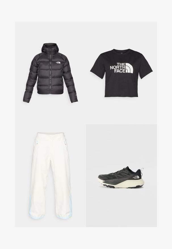 Juodas pūkinis švarkas su užtrauktuku priekyje ir gobtuvu. Pasižymi siuvinėjimu, elastinėmis rankogaliais ir logotipu kairėje krūtinės pusėje. Lengvas izoliavimas.; Juodas trumpas medvilninis marškinėliai, kuriuose yra baltas logotipas su kreivomis detalėmis ir užrašu "THE NORTH FACE" priekyje. Trumpomis rankovėmis, apvaliu kaklu.; Šviesiai kreminės plačios kelnės su lygia tekstūra, su mėlynais akcentais ant rankovių ir šoninėmis zip kišenėmis. Lengvas audinys.; Juodas sportinis batas su tekstūruota viršutine dalimi, su pilkomis detalėmis ir baltu viduriu. Apima pakėlimo juostelę ir ryškų prekės ženklo logotipą ant kulno.