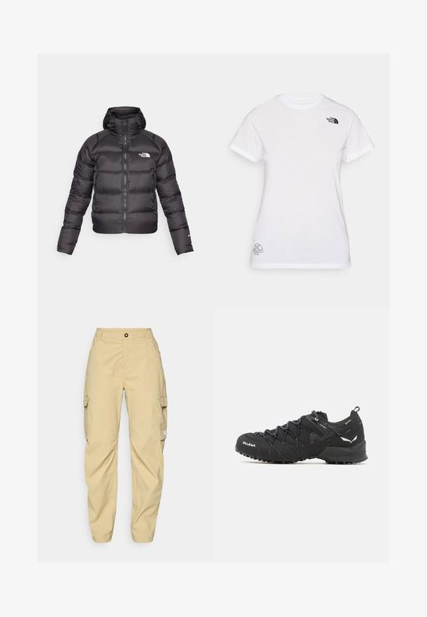 Črni puffer jopič z zadrgo in kapuco. Ima kviltano teksturo, elastične manšete in logo na levem prsnem delu. Lahka izolacija.; Bela bombažna majica z črnim logotipom na levem prsnem delu in sivo grafiko v spodnjem desnem kotu. Klasičen kroj s kratkimi rokavi in okroglim izrezom.; The North Face EXPLORATION CARGO PANTS - Hlače za na prostem - khaki stone; Črne pohodniške čevlje z teksturiranim zgornjim delom iz blaga, sistemom vezalk in trdnim gumijastim podplatom. Opremljeni so z odsevnimi detajli in logotipi.