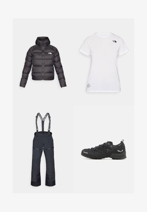 Black puffer jacket with a zip front and hood. Features quilted texture, elastic cuffs, and logo on the left chest. Lightweight insulation.; White cotton t-shirt featuring a black logo on the left chest and a gray graphic design at the bottom right. Classic crew neck and short sleeves.; Black ski pants with adjustable suspenders, zippered pockets, and textured paneling. Features reinforced cuffs for durability.; Black hiking shoes with a textured fabric upper, lacing system, and rugged rubber sole. Accented with reflective details and logos.