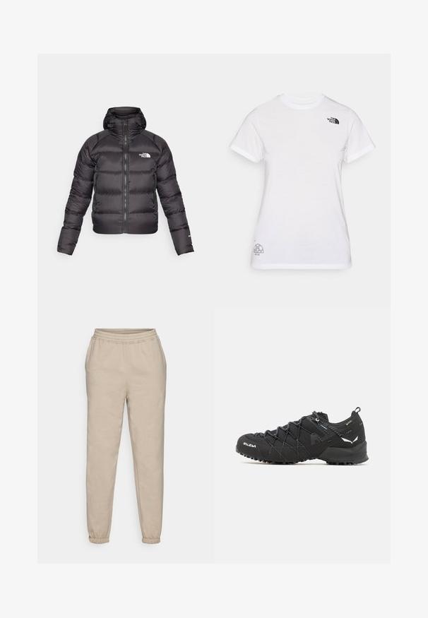 Crna puffer jakna s patentnim zatvaračem sprijeda i kapuljačom. Ima kvadratni uzorak, elastične manšete i logo na lijevoj strani prsa. Lagana izolacija.; Bijela pamučna majica s crnim logotipom na lijevoj strani prsnog koša i sivoj grafici na donjem desnom dijelu. Klasični okrugli izrez i kratki rukavi.; Bež trenirke napravljene od mekanog pamučnog materijala. Imaju elastičan pojas i sužene manžete za opušteni kroj.; Crne planinarske cipele s gornjim dijelom od teksturirane tkanine, sistemom vezivanja i čvrstim gumenim potplatom. Osvijetljene reflektirajućim detaljima i logotipima.