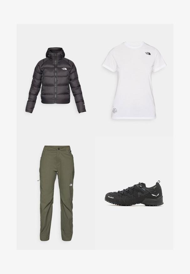 Mustand puffer jope, millel on ees lukk ja kapuuts. Omab täitematerjaliga tekstuuri, elastseid mansette ja logo vasakul rinnal. Kerge soojendus.; Valge puuvillane T-särk, millel on must logo vasakul rinnal ja hall graafiline disain alumises paremas nurgas. Klassikaline ümar kaelus ja lühikesed varrukad.; The North Face EXPLORATION PANTS - Õuepüksid - new taupe green; Mustad matkajalatsid tekstuurse kangas ülaosaga, sidumisüsteemiga ja jäiga kummitaldiga. Kaunistatud peegeldavate detailide ja logodega.