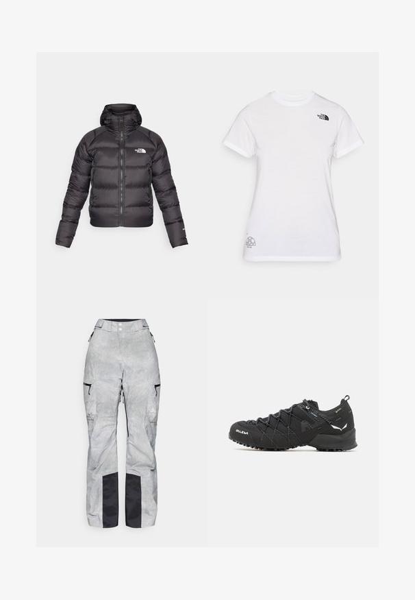 Mustand puffer jope, millel on ees lukk ja kapuuts. Omab täitematerjaliga tekstuuri, elastseid mansette ja logo vasakul rinnal. Kerge soojendus.; Valge puuvillane T-särk, millel on must logo vasakul rinnal ja hall graafiline disain alumises paremas nurgas. Klassikaline ümar kaelus ja lühikesed varrukad.; Hallid hõbedased lume püksid, millel on ruuduline muster, mustad detailid, reguleeritav vöökoht, lukuga taskud ning tugevdatud mustad ääred.; Mustad matkajalatsid tekstuurse kangas ülaosaga, sidumisüsteemiga ja jäiga kummitaldiga. Kaunistatud peegeldavate detailide ja logodega.