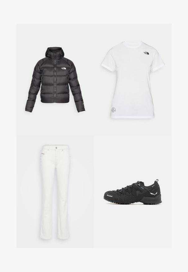 Jachetă puffer neagră cu fermoar frontal și glugă. Prezintă o textură matlasată, manșete elastice și logo pe partea stângă a pieptului. Izolație ușoară.; Tricou din bumbac alb cu un logo negru pe pieptul stâng și un design grafic gri în colțul din dreapta jos. Guler clasic și mâneci scurte.; Jeans albe evazate din denim, cu un design cu cinci buzunare, închidere cu nasture și cusături subtile pe talie și buzunare.; Pantofi de drumeție negri cu un superior din țesătură texturată, sistem de șireturi și talpă din cauciuc robustă. Accentați cu detalii reflectorizante și logo-uri.