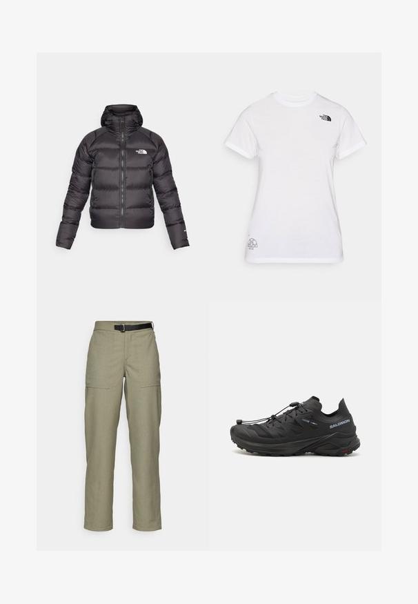 Zwarte pufferjack met een rits aan de voorkant en een capuchon. Heeft een gewatteerde textuur, elastische manchetten en een logo op de linkerkant van de borst. Lichtgewicht isolatie.; Witte katoenen t-shirt met een zwart logo op de linkerborst en een grijs grafisch ontwerp rechtsonder. Klassieke ronde hals en korte mouwen.; Khaki broek van textuurstof, met een recht pijpdesign, twee frontzakken en een zwarte riem in de taille.; Zwarte trailschoen voor hardlopen met een gestructureerde bovenkant, meshpanelen en een veilig bevestigingssysteem. Beschikt over een robuuste buitenzool voor grip.