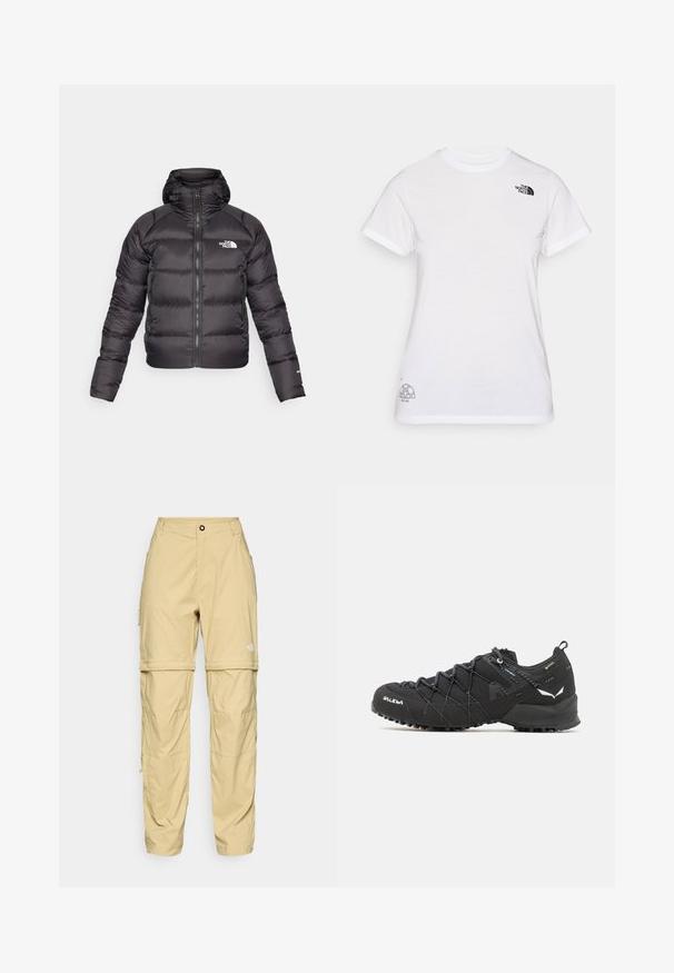 Juodas pūkinis švarkas su užtrauktuku priekyje ir gobtuvu. Pasižymi siuvinėjimu, elastinėmis rankogaliais ir logotipu kairėje krūtinės pusėje. Lengvas izoliavimas.; Balta medvilninė marškinėliai su juodu logo kairiajame krūtinės šone ir pilku grafiniu dizainu apatiniame dešiniajame kampe. Klasikinis apvalus kaklas ir trumpomis rankovėmis.; Šviesiai rudos spalvos cargo kelnės pagamintos iš lengvos medžiagos, turi užtrauktukais užsegamas puses, mygtukų užsegimą ir logotipą dešinėje šlaunyje.; Juodi žygio batai su tekstūruotu audiniu, raišteliais ir tvirtu guma padu. Papuošti atspindinčiomis detalėmis ir logotipais.