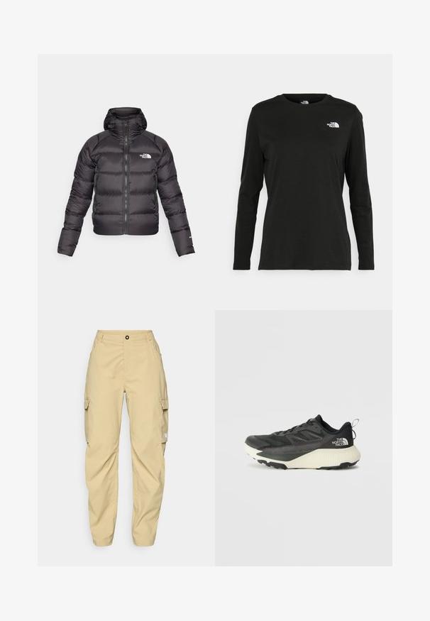 Juodas pūkinis švarkas su užtrauktuku priekyje ir gobtuvu. Pasižymi siuvinėjimu, elastinėmis rankogaliais ir logotipu kairėje krūtinės pusėje. Lengvas izoliavimas.; Juodas ilgomis rankovėmis medvilninis marškinėliai su apvali apykakle. Savybė - mažas baltas logotipas kairėje krūtinės pusėje. Paprastas dizainas ir pritaikymas.; The North Face EXPLORATION CARGO PANTS - Lauko kelnės - khaki stone; Juodas sportinis batas su tekstūruota viršutine dalimi, su pilkomis detalėmis ir baltu viduriu. Apima pakėlimo juostelę ir ryškų prekės ženklo logotipą ant kulno.