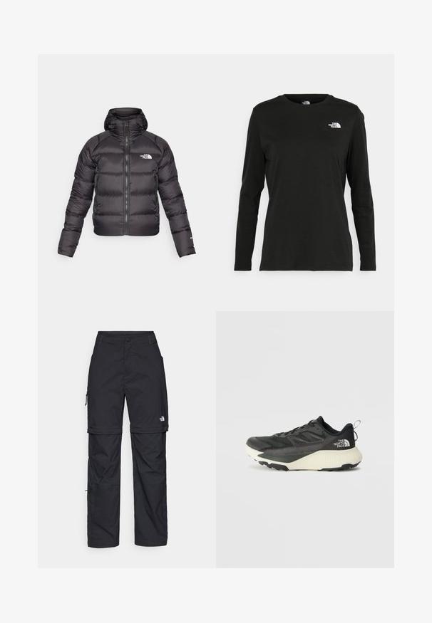 Crna puffer jakna s patentnim zatvaračem sprijeda i kapuljačom. Ima kvadratni uzorak, elastične manšete i logo na lijevoj strani prsa. Lagana izolacija.; Crni dugih rukava majica od pamuka s okruglim izrezom. Ima mali bijeli logo na lijevoj strani prsnog područja. Jednostavan dizajn i kroj.; Crne najlon hlače s munjevim zatvaranjem, odvojive cargo hlače s podesivim manžetama, brojnim džepovima i logom na desnoj nozi. Glatka, lagana tekstura.; Crna atletska cipela s teksturiranim gornjim dijelom, sivim detaljima i bijelim međuslojem. Ima držač i istaknutu marku na peti.
