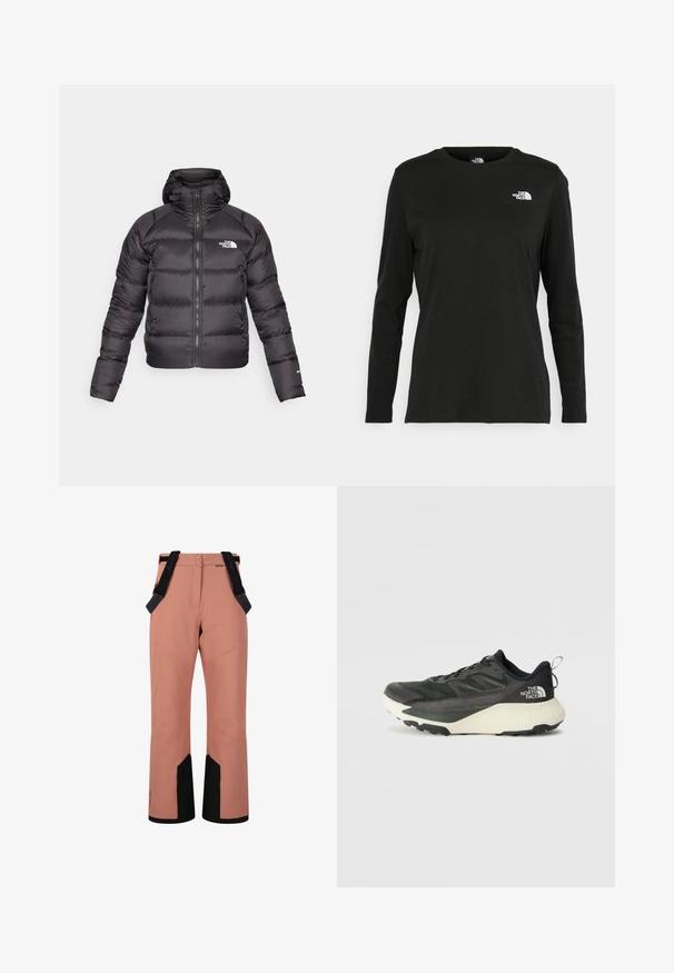 Chaqueta de plumas negra con cremallera frontal y capucha. Presenta textura acolchada, puños elásticos y logotipo en el lado izquierdo del pecho. Aislamiento ligero.; Camiseta de manga larga negra de algodón con cuello redondo. Presenta un pequeño logotipo blanco en la parte izquierda del pecho. Diseño y ajuste simples.; Pantalones de esquí rosa con acentos negros, tirantes ajustables y una textura suave. Cuenta con bolsillos frontales y un diseño elegante y ajustado.; Zapatilla deportiva negra con parte superior texturizada, que presenta acentos grises y una entresuela blanca. Incluye una lengüeta y un logotipo de la marca destacado en el talón.