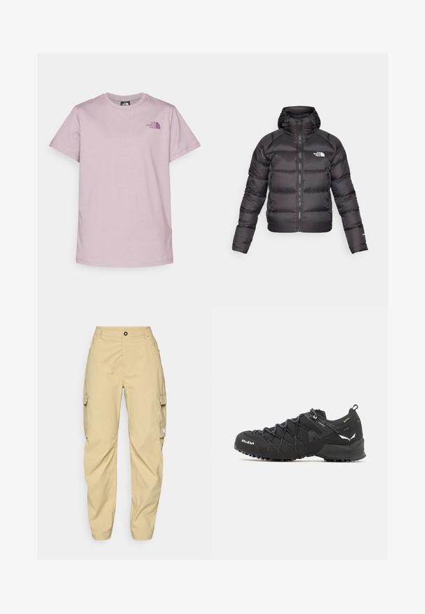 Zwarte pufferjack met een rits aan de voorkant en een capuchon. Heeft een gewatteerde textuur, elastische manchetten en een logo op de linkerkant van de borst. Lichtgewicht isolatie.; The North Face BOX RELAXED TEE - T-shirt print - purple chalk/midnight mauve; The North Face EXPLORATION CARGO PANTS - Outdoorbroeken - khaki stone; Zwarte wandelschoenen met een bovenkant van textuurstof, een vetersysteem en een robuuste rubberen zool. Verfraaid met reflecterende details en logo's.